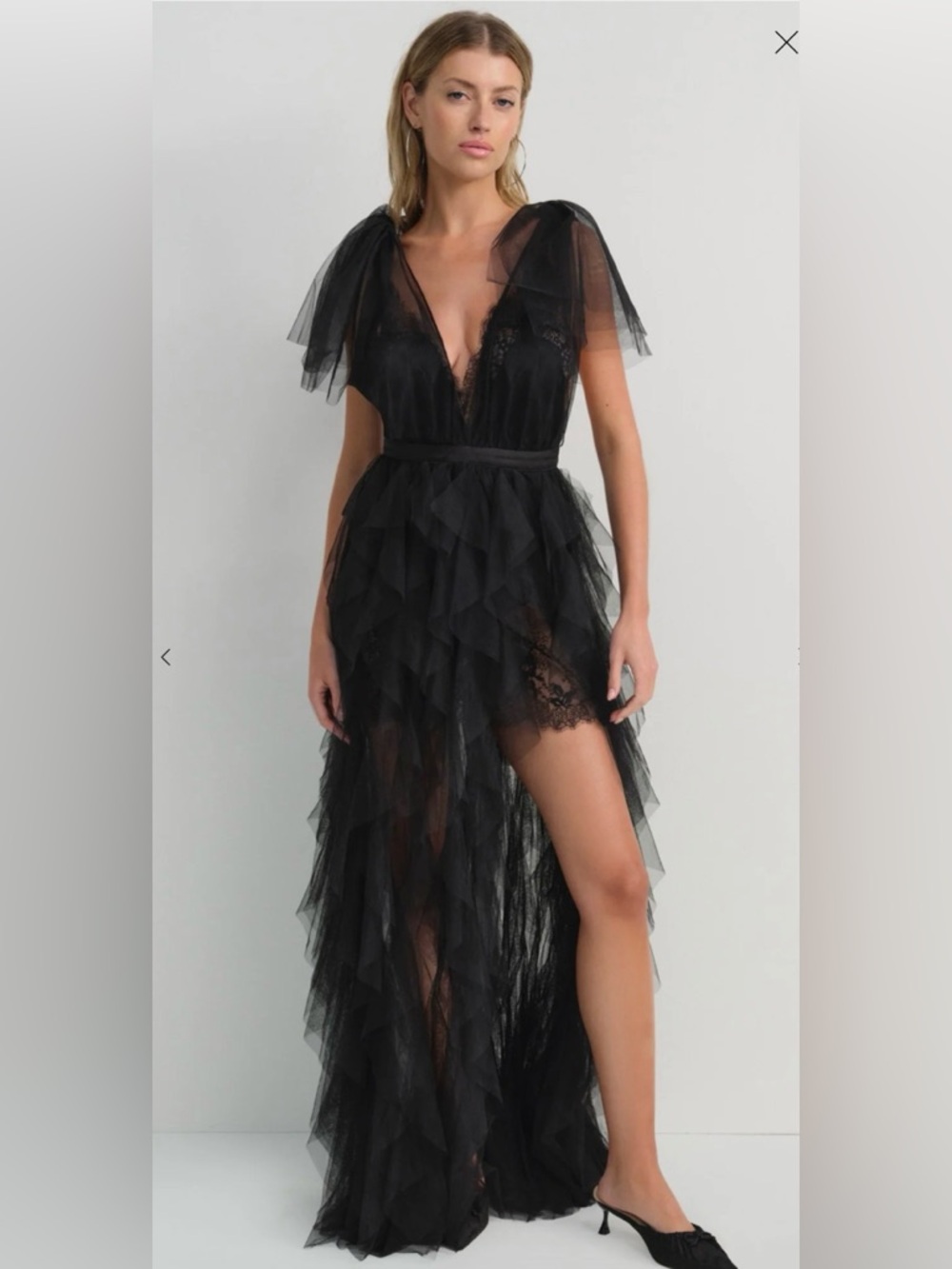 Black Ruffled Tulle Maxi Dress with Lace Trim